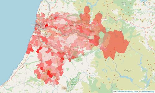 Heatmap of property prices in Aberystwyth