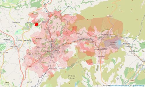 Heatmap of property prices in Ammanford