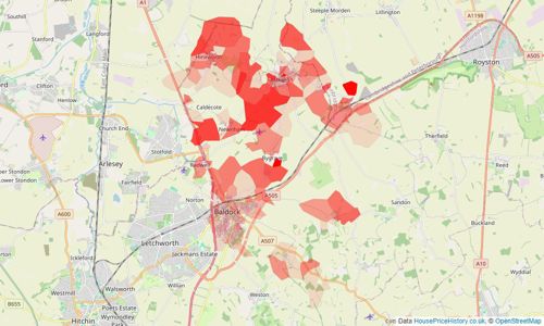 Heatmap of property prices in Baldock