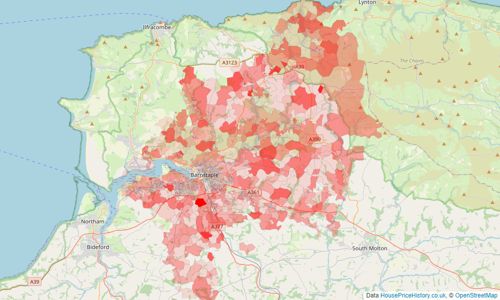 Heatmap of property prices in Barnstaple