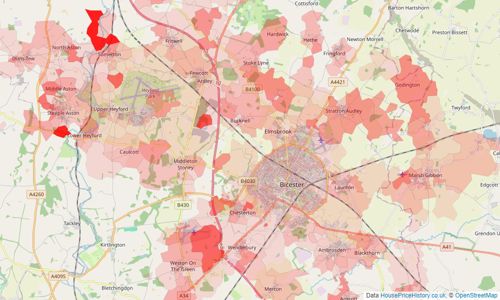 Heatmap of property prices in Bicester