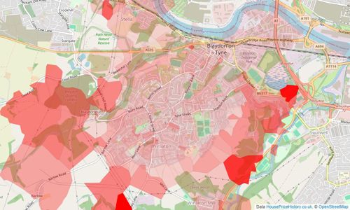 Heatmap of property prices in Blaydon-on-tyne