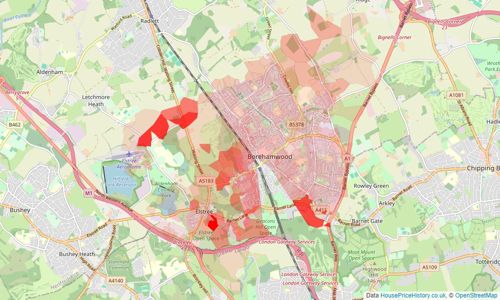 Heatmap of property prices in Borehamwood