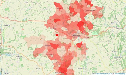 Heatmap of property prices in Bromyard