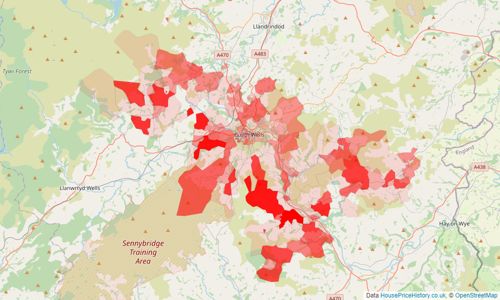 Heatmap of property prices in Builth Wells