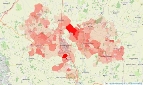 Heatmap of property prices in Buntingford