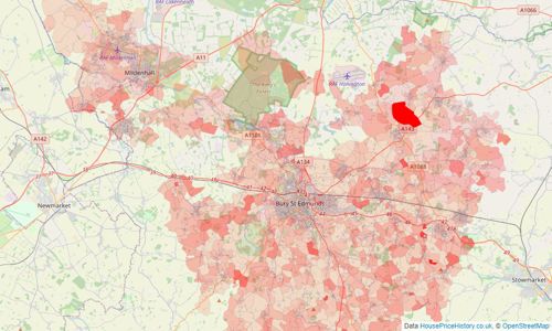 Heatmap of property prices in Bury St Edmunds