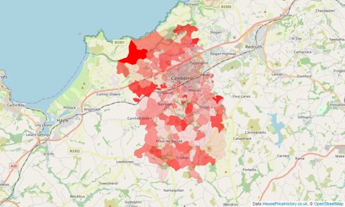 Heatmap of property prices in Camborne