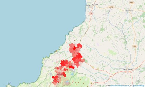 Heatmap of property prices in Camelford