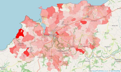 Heatmap of property prices in Cardigan