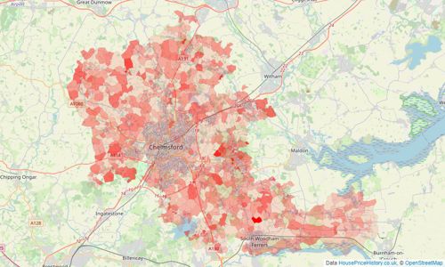 Heatmap of property prices in Chelmsford