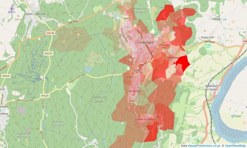 Heatmap of property prices in Cinderford