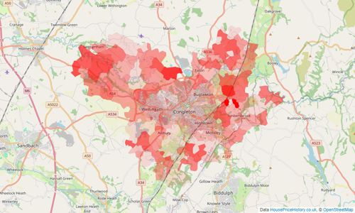 Heatmap of property prices in Congleton