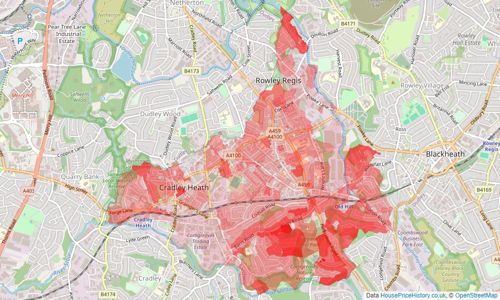 Heatmap of property prices in Cradley Heath