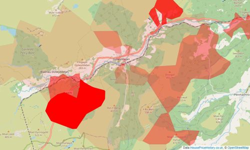 Heatmap of property prices in Dolwyddelan