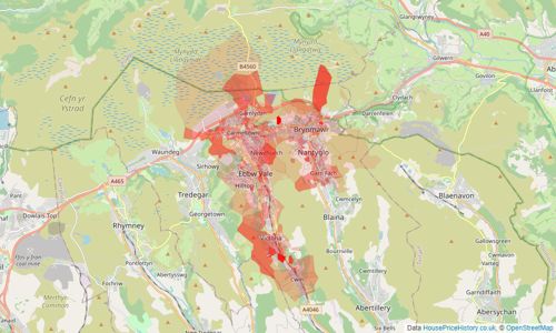 Heatmap of property prices in Ebbw Vale