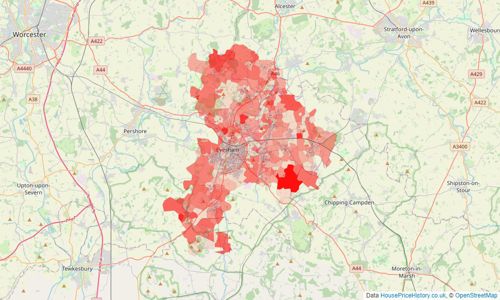 Heatmap of property prices in Evesham