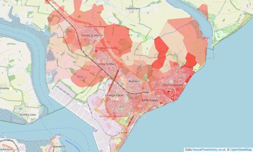 Heatmap of property prices in Felixstowe