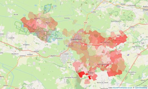 Heatmap of property prices in Glastonbury