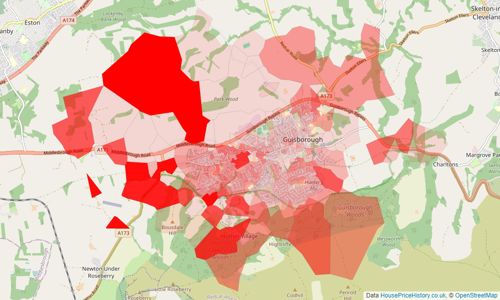 Heatmap of property prices in Guisborough