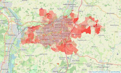 Heatmap of property prices in Harlow