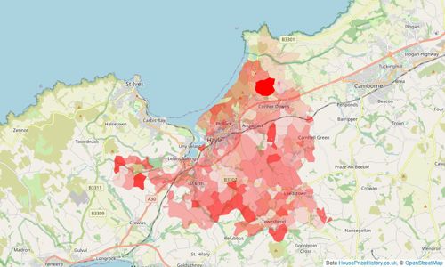 Heatmap of property prices in Hayle