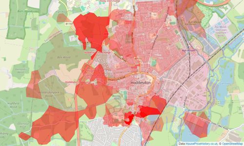 Heatmap of property prices in Hoddesdon