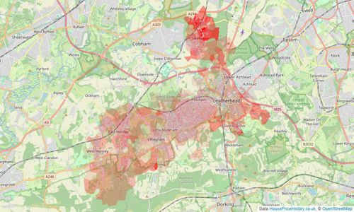 Heatmap of property prices in Leatherhead