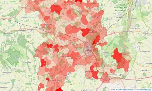 Heatmap of property prices in Ledbury