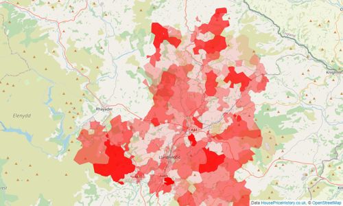 Heatmap of property prices in Llandrindod Wells