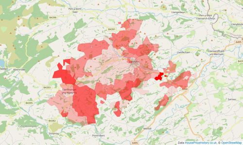 Heatmap of property prices in Llanfyllin