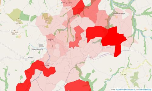 Heatmap of property prices in Llanfyrnach