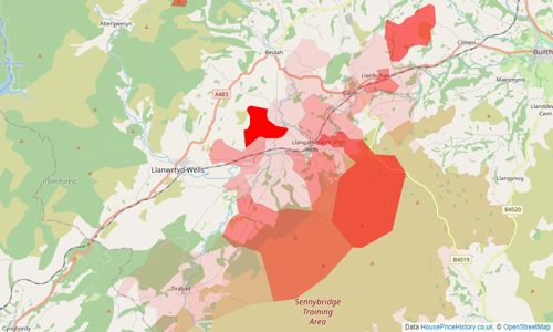 Heatmap of property prices in Llangammarch Wells