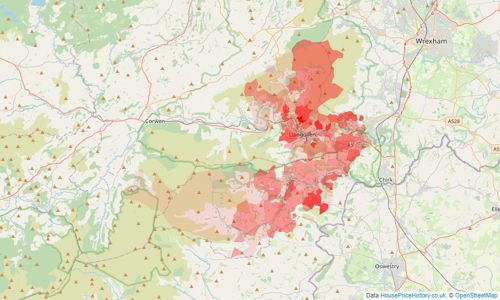 Heatmap of property prices in Llangollen