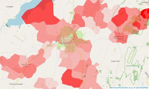 Heatmap of property prices in Llannerch-y-medd