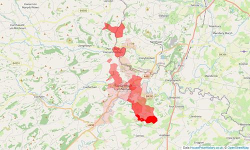 Heatmap of property prices in Llansantffraid