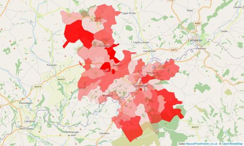 Heatmap of property prices in Llanybydder