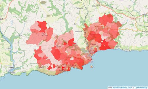 Heatmap of property prices in Looe