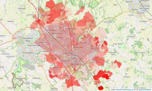 Heatmap of property prices in Luton