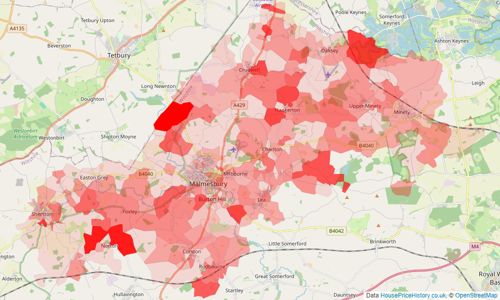 Heatmap of property prices in Malmesbury