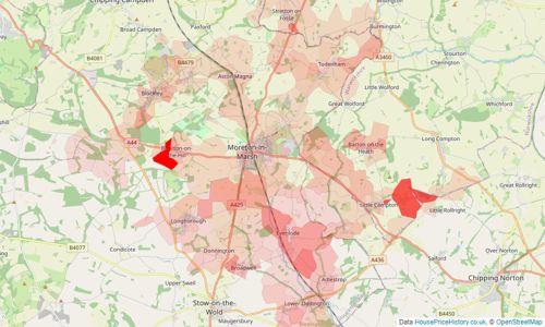 Heatmap of property prices in Moreton-in-marsh