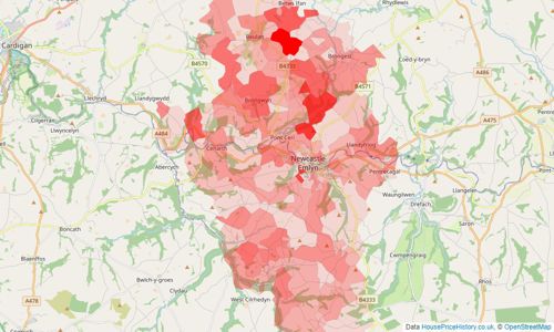 Heatmap of property prices in Newcastle Emlyn