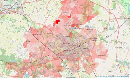 Heatmap of property prices in Northwich