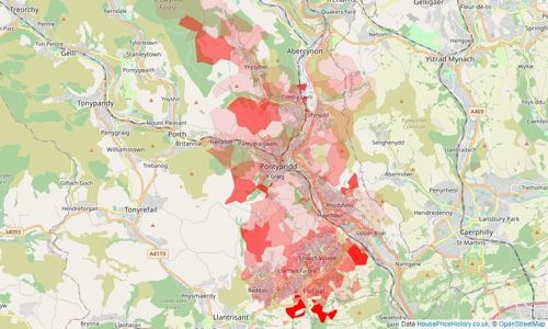 Heatmap of property prices in Pontypridd