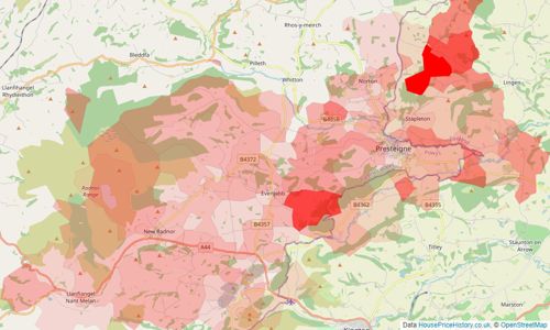 Heatmap of property prices in Presteigne