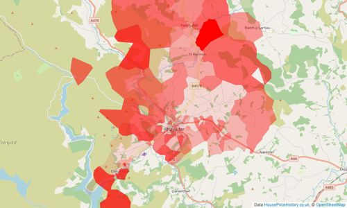 Heatmap of property prices in Rhayader