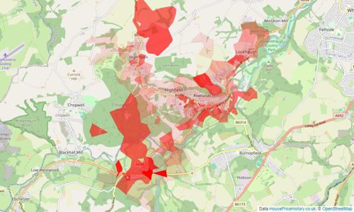 Heatmap of property prices in Rowlands Gill