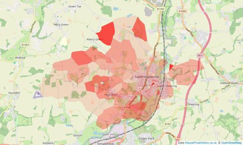 Heatmap of property prices in Sawbridgeworth