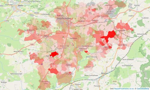 Heatmap of property prices in Shepton Mallet