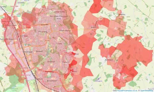 Heatmap of property prices in Stevenage